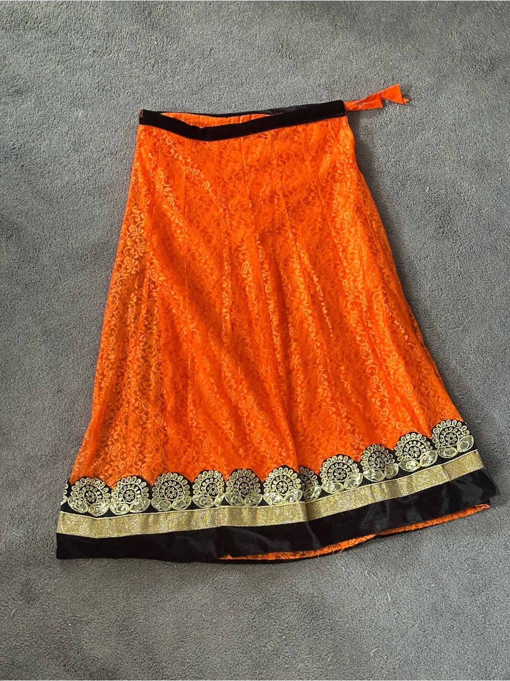 Orange Embroidered Lehenga Skirt Draw String Lace Velvet Indian Bollywood Sz 32